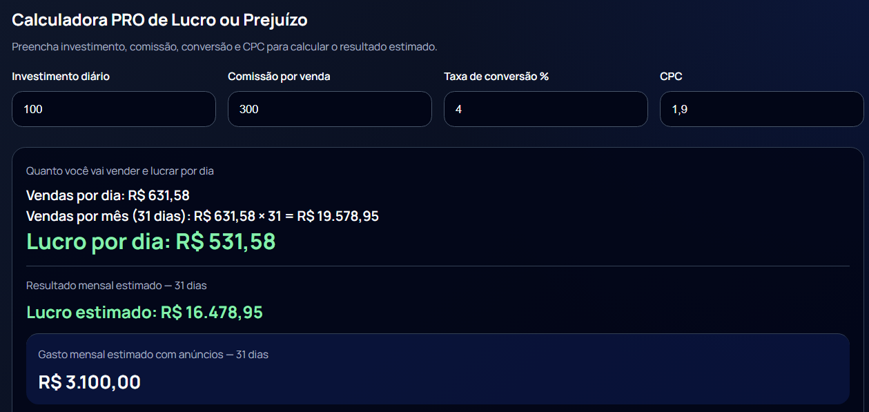 Print da ferramenta CalculaPro Ads 2